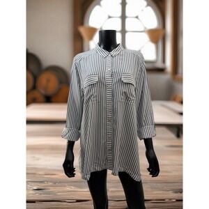J.Jill Striped Button Front Tunic‎ Shirt 100% Rayon Long Sleeve Roll Tab XL